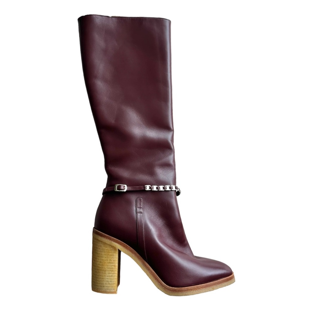 Salvatore Ferragamo Chain Trimmed Leather Knee Boots in Burgundy